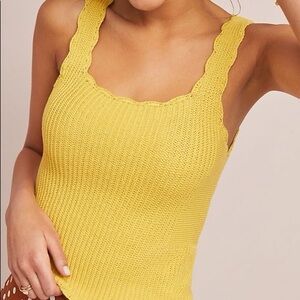 Anthropologie MOTH Newport Yellow Knit Scalloped Boho Casual Sweater Tank Top